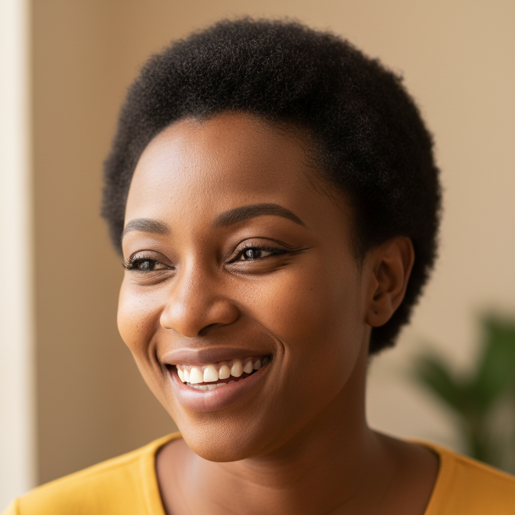 Confident Nigerian woman, bright smile, natural light portrait