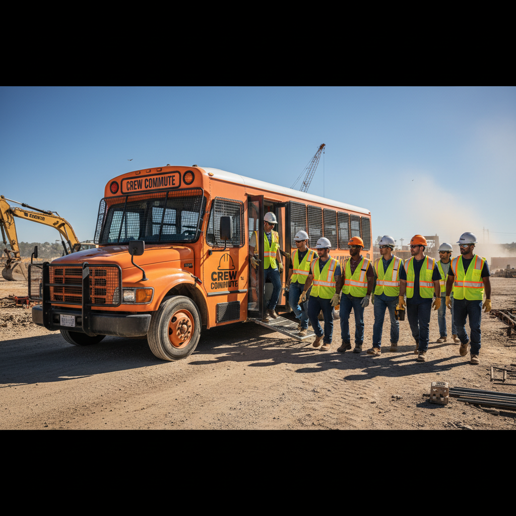 Transportation service bus for construction crew and workforce commute, group worker shuttle