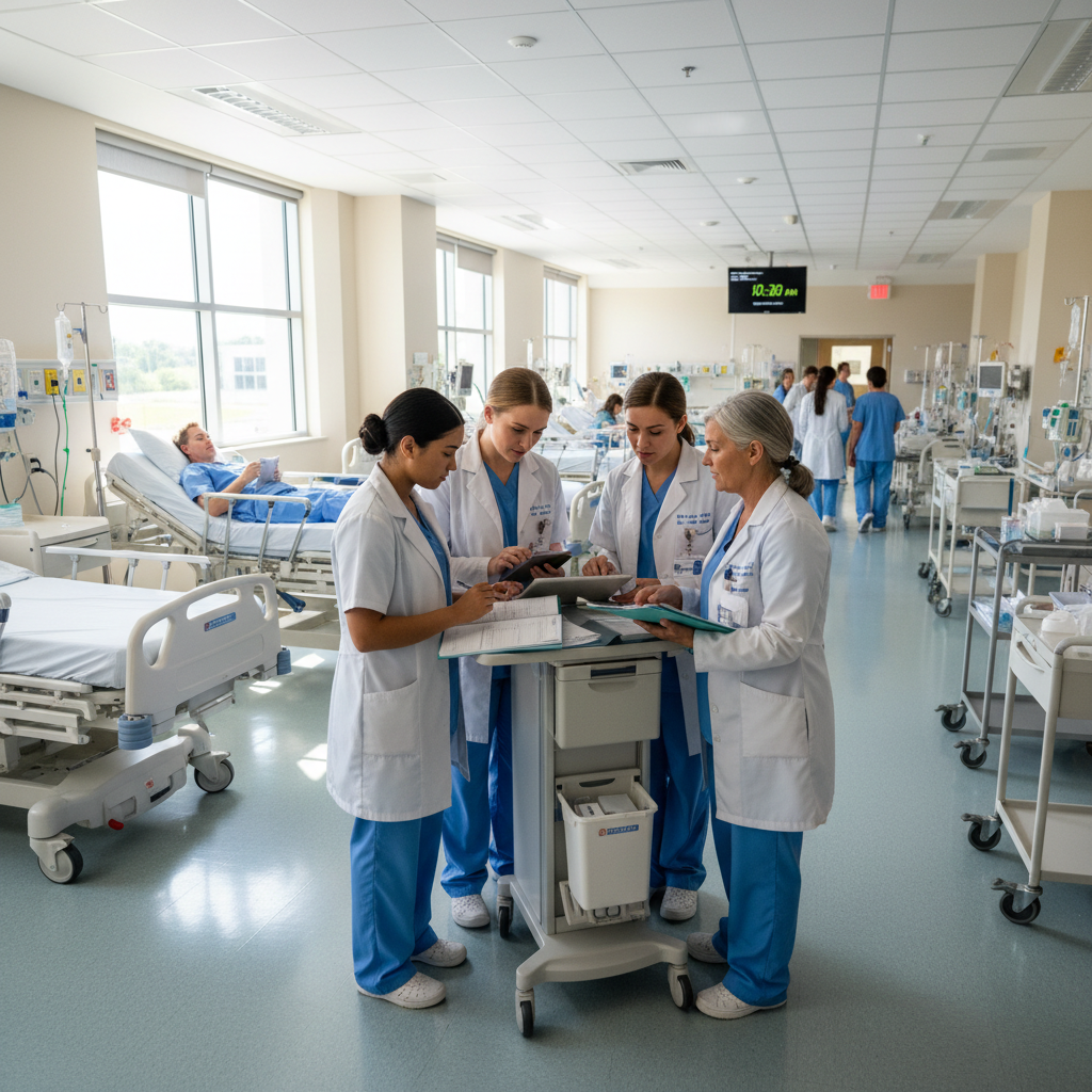 ICU nurse checking patient chart