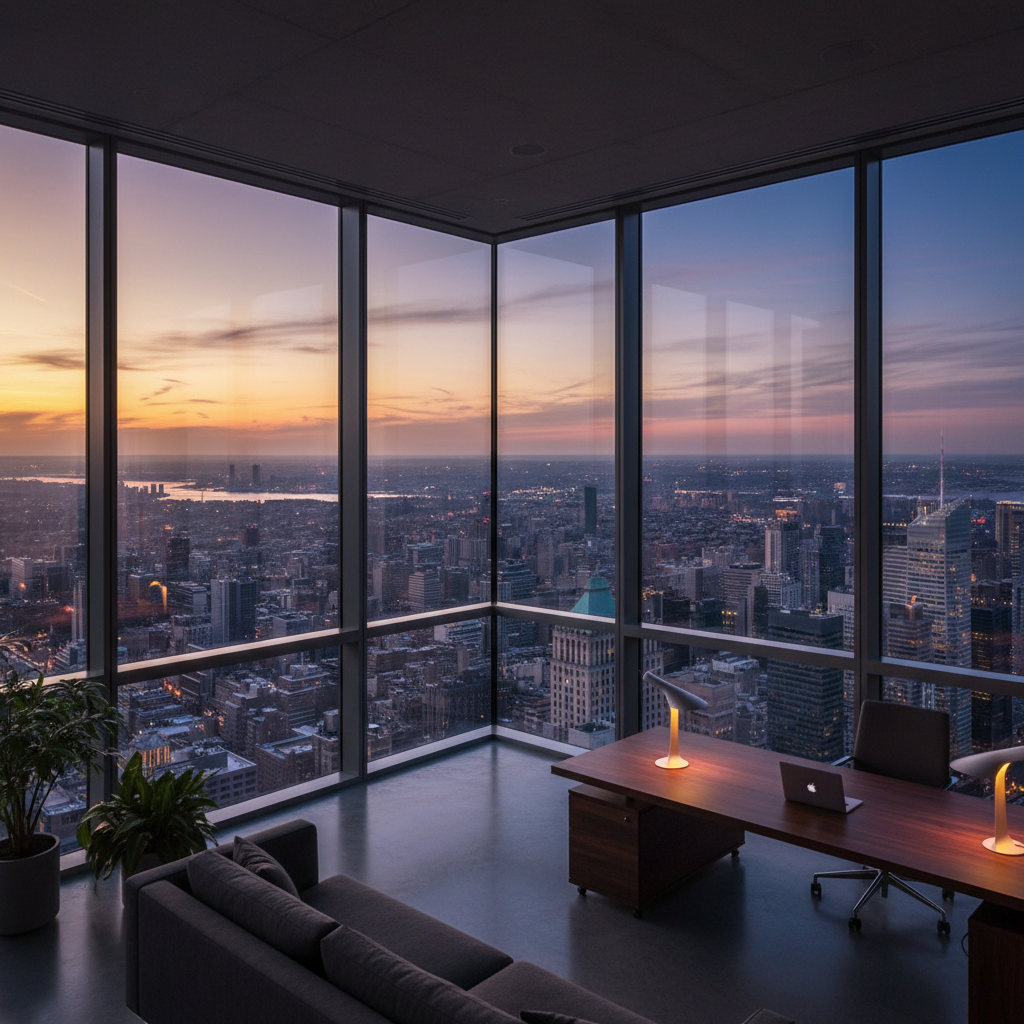 Corner office at dusk with city skyline panorama