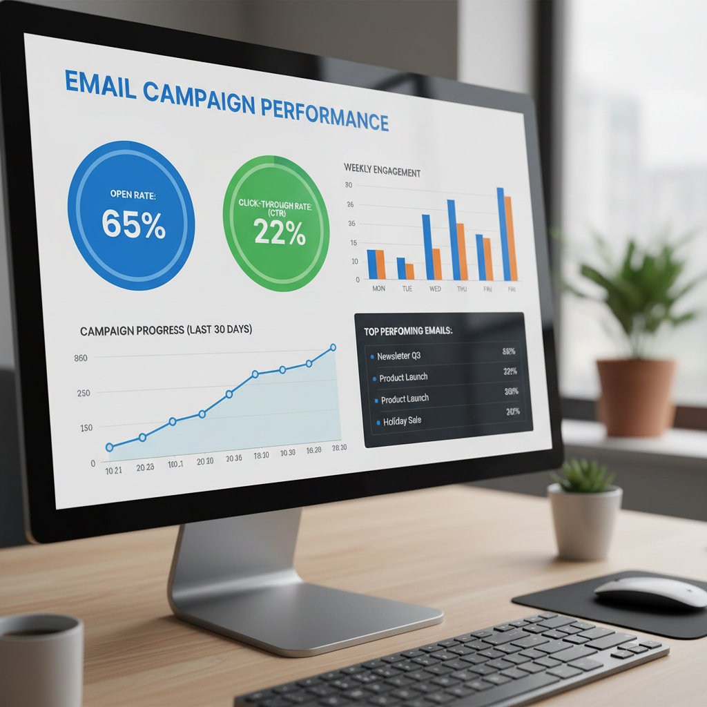 Email analytics dashboard with delivery rates, open rates, and click tracking graphs