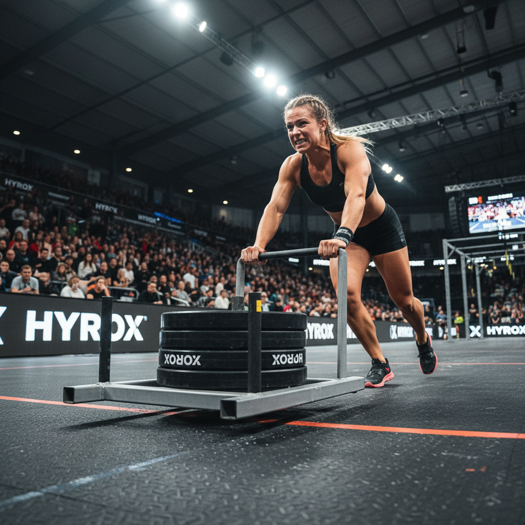 HYROX athlete pushing weighted sled across competition floor with spectators watching