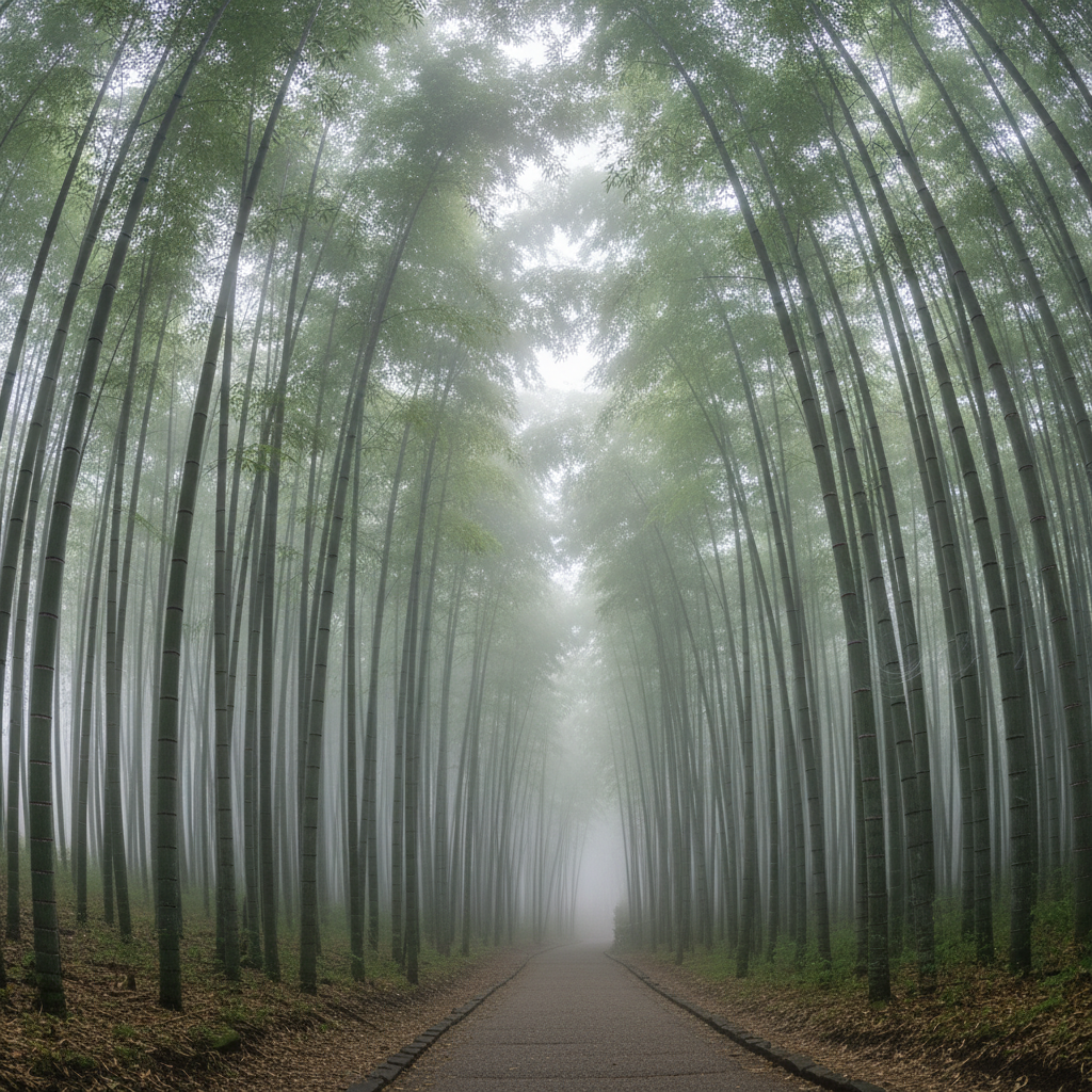 Kyoto bamboo grove at misty dawn, deep green filtered light, dark shadowed forest floor, atmospheric quiet morning