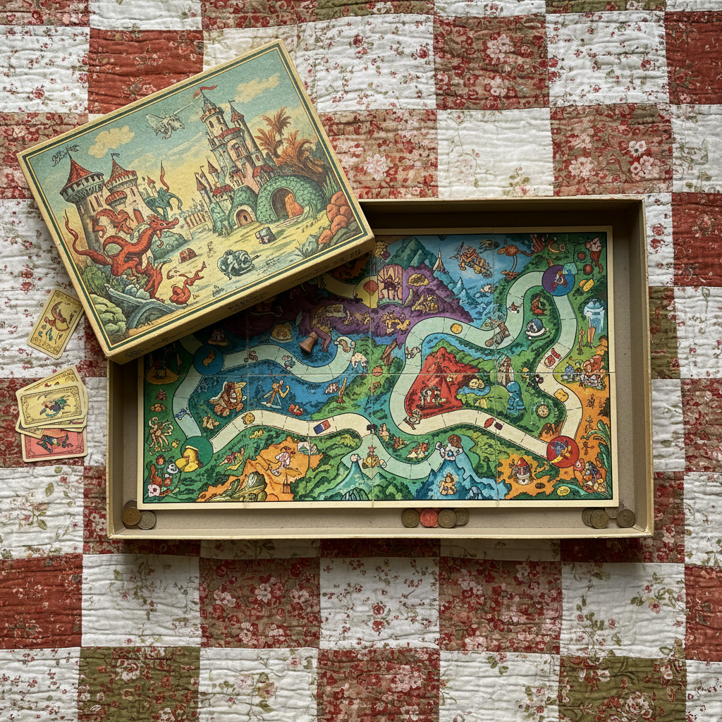 Old board game box spread open on patchwork quilt showing colorful game board