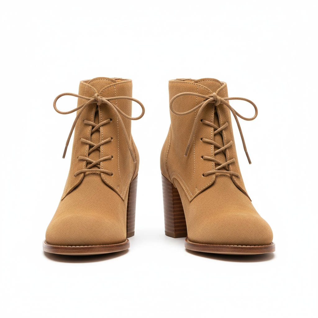 Bright studio with tan suede block heel mule shoes on white surface, clean editorial photography