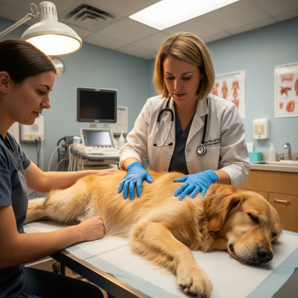 Veterinarian performing a careful examination of a pregnant dog in a warm clinic setting