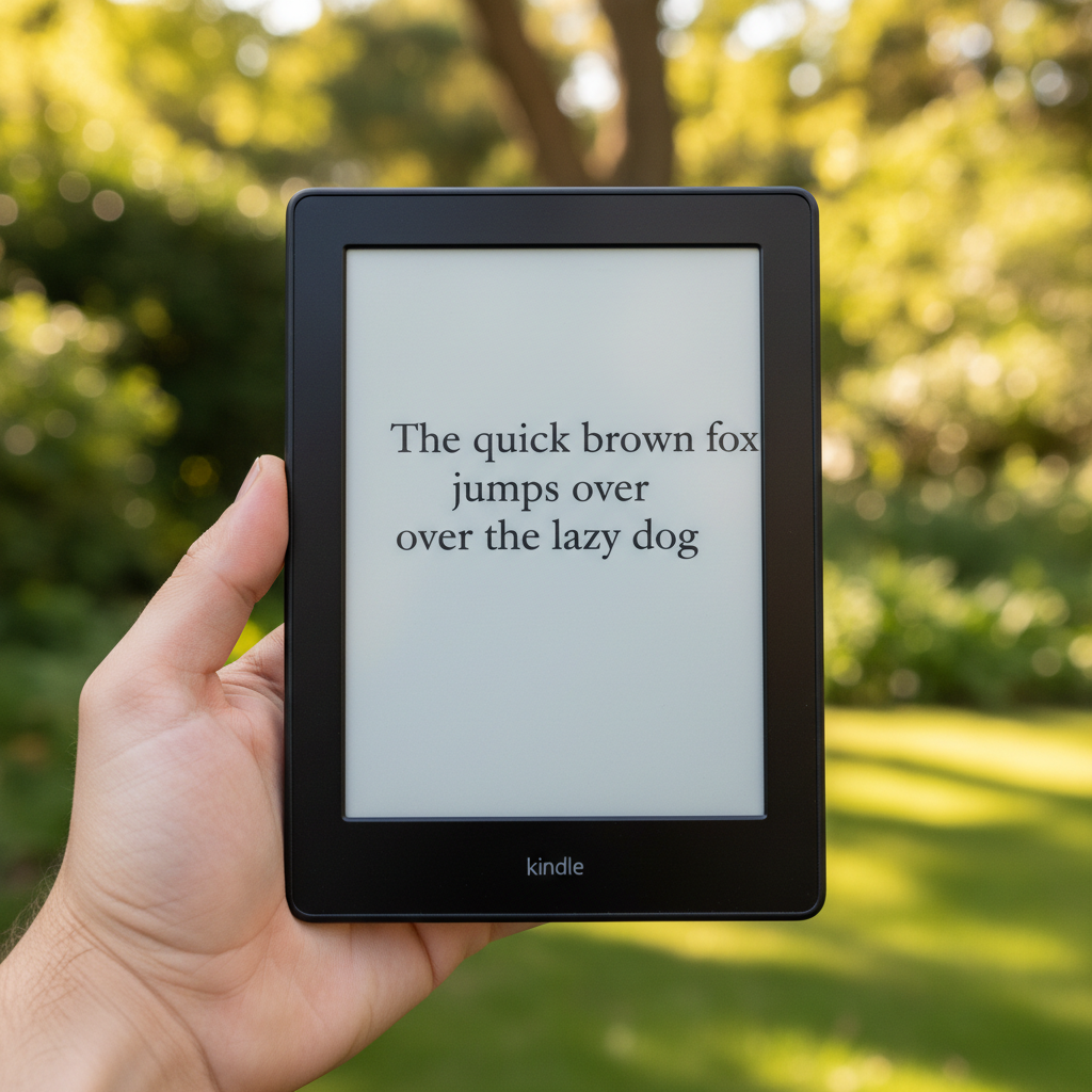 Kindle Paperwhite e-reader held in hand showing sharp e-ink display outdoors