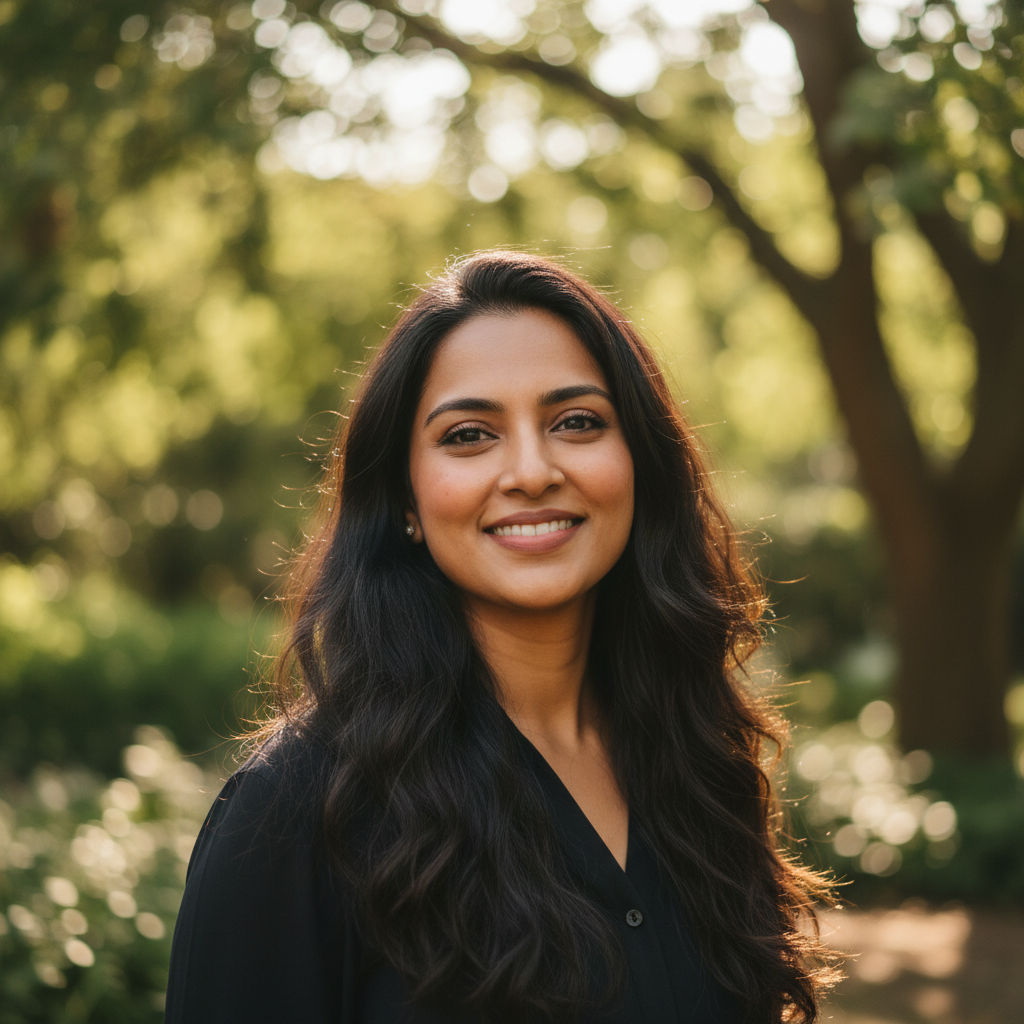 South Asian woman with long dark hair in natural outdoor light, warm smile
