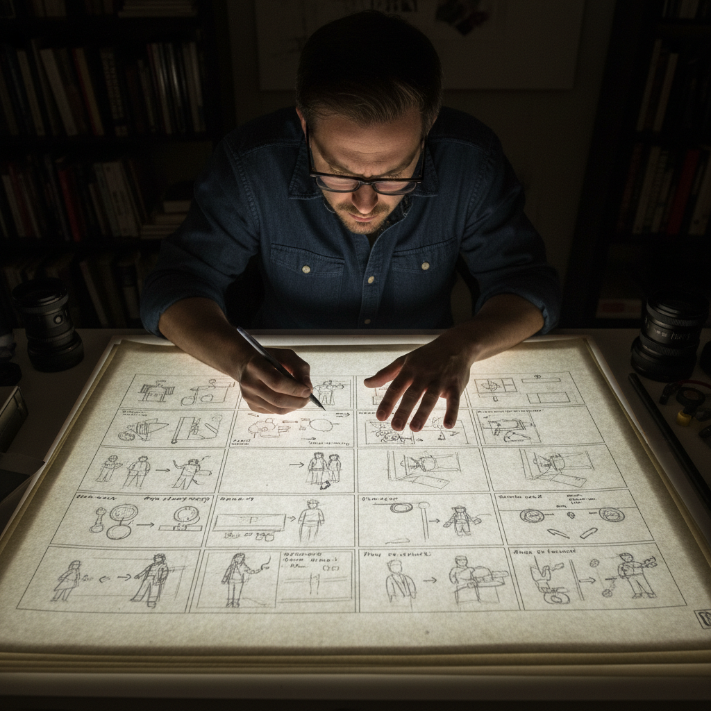 Executive producer reviewing production documents in a professional studio environment with cinematic lighting