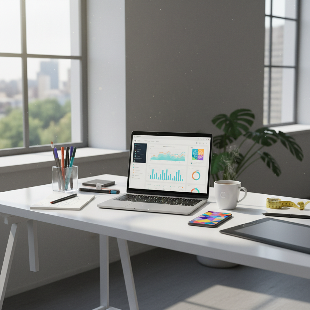 Bright workspace with laptop showing Google Analytics dashboard with upward trending graphs on a white desk