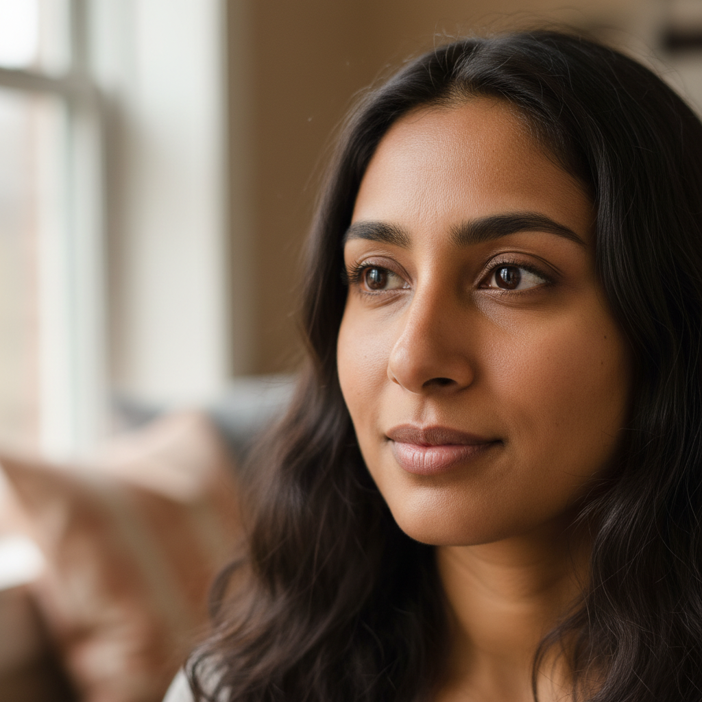 South Asian woman with long dark hair looking thoughtfully to the side in warm indoor lighting