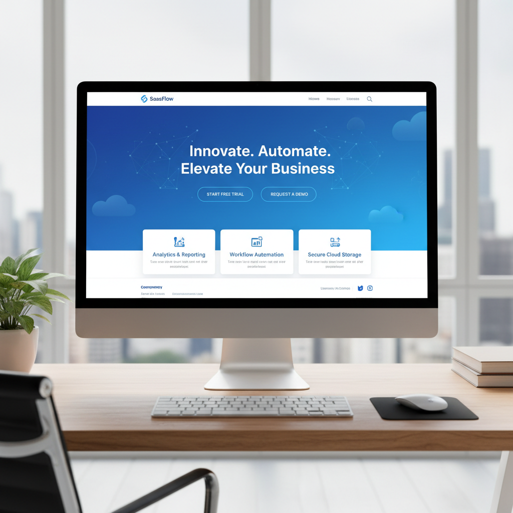 Modern SaaS landing page on desktop with gradient background, feature showcase, and prominent call-to-action buttons