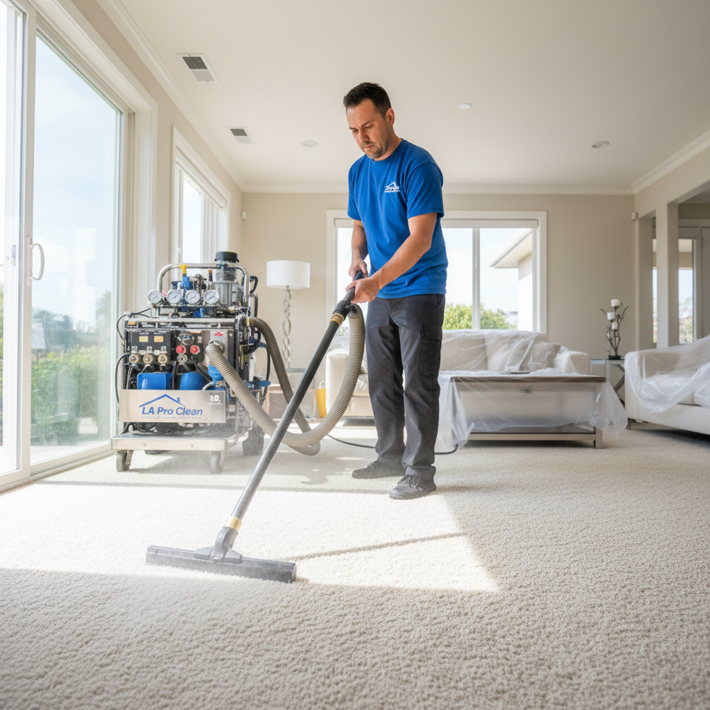 Professional carpet cleaning technician using commercial extraction equipment on residential carpet, showing cleaning process in progress