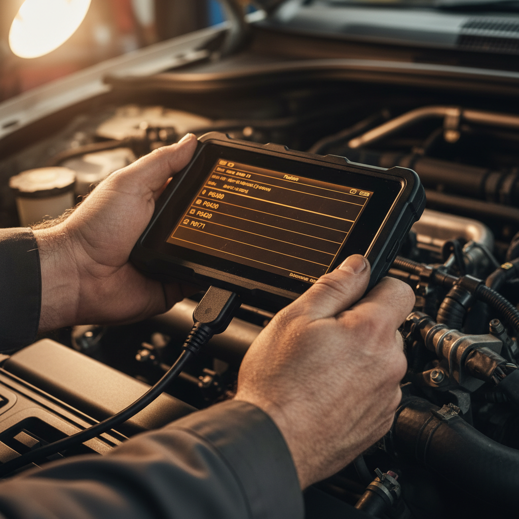 Automotive diagnostic equipment connected to vehicle OBD port in dark workshop