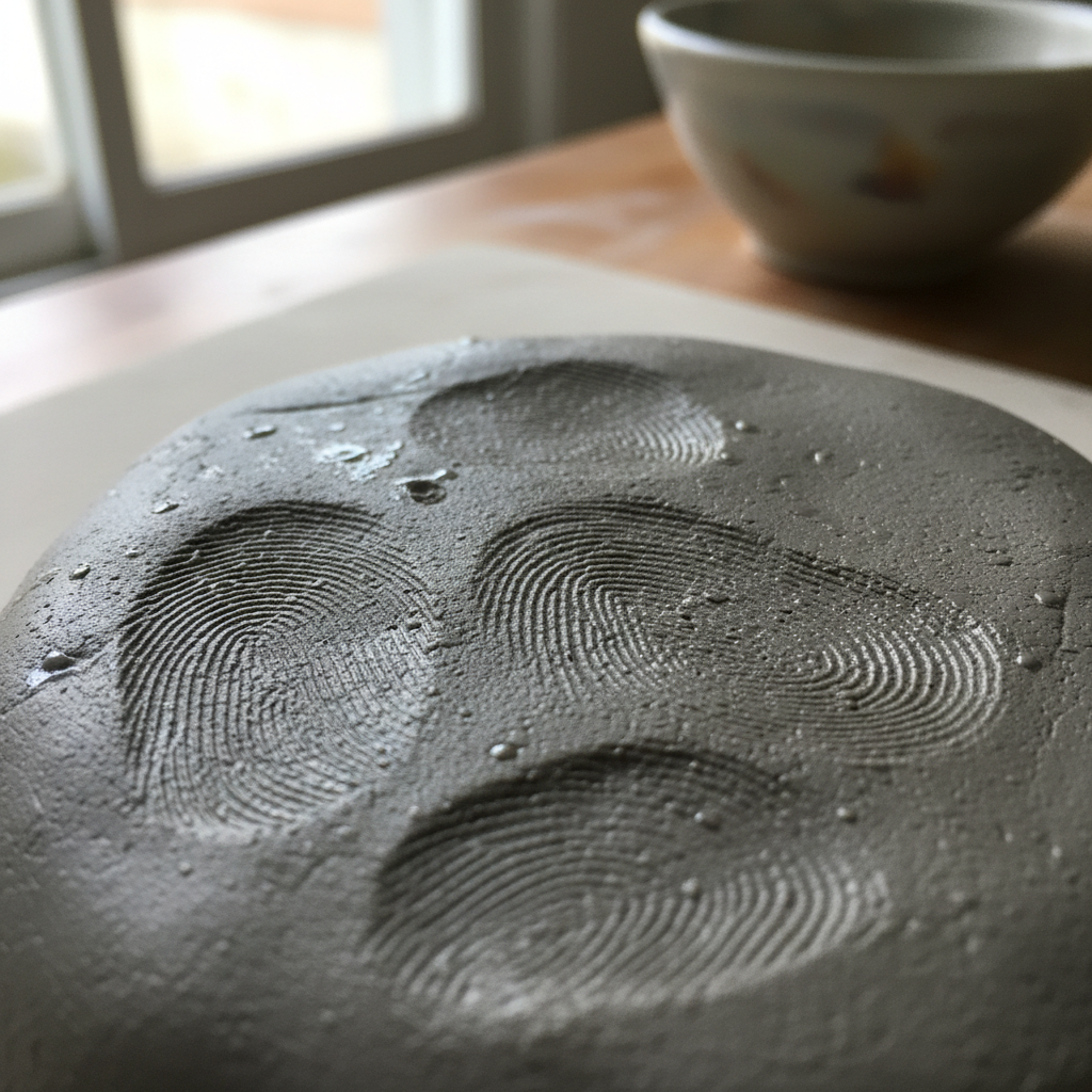 Close-up of finger grooves pressed into wet grey clay on a sculptor's turntable