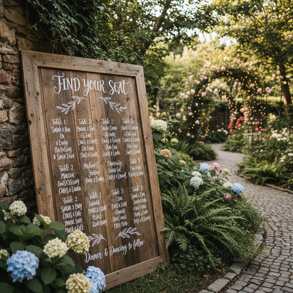Hand-lettered seating chart on reclaimed wood frame in garden setting