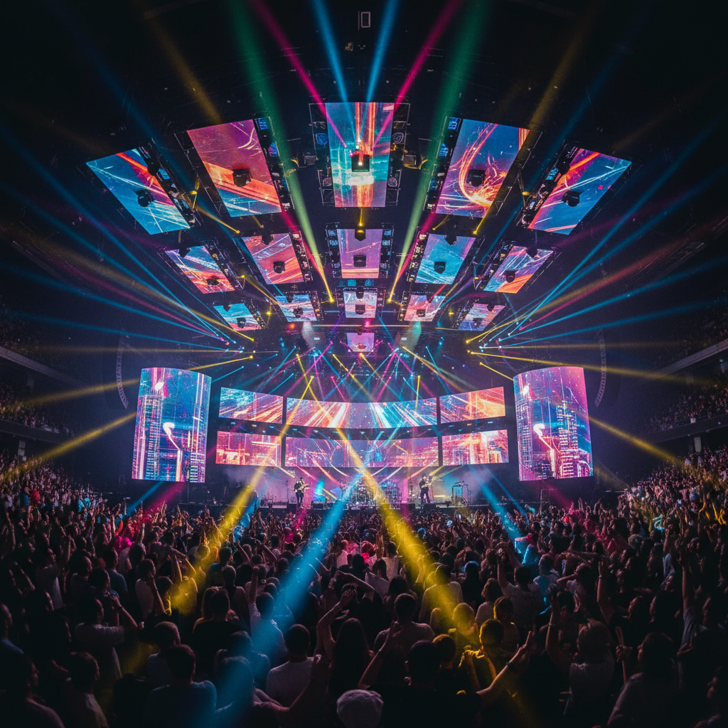 Energetic youth concert with vibrant stage lighting, crowd engagement, modern music performance