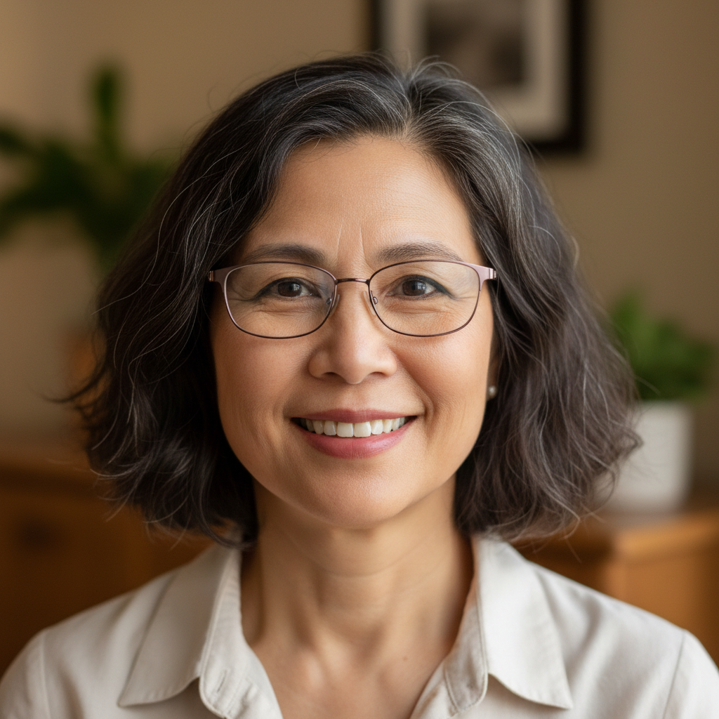 Cynthia Lam, an Asian-American woman in her 50s with reading glasses and a composed, kind expression