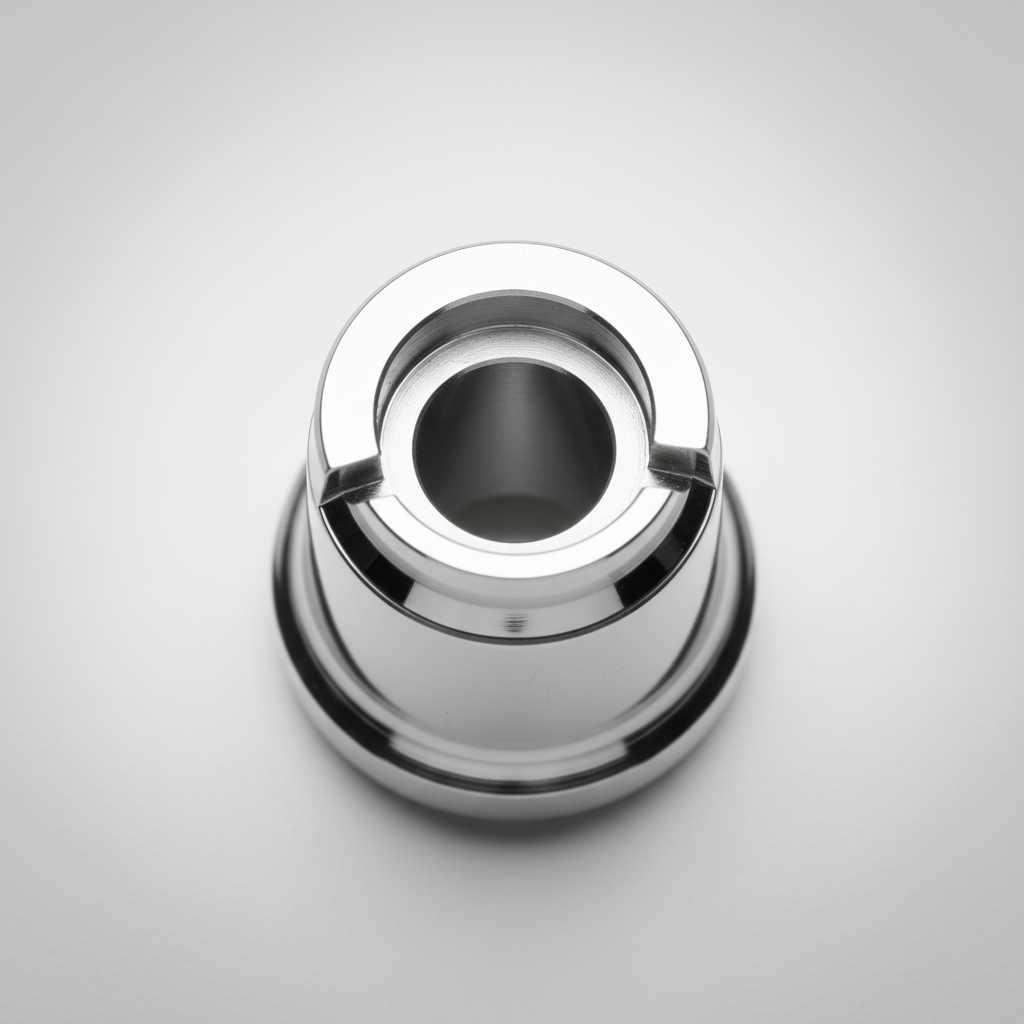 Precision machined medical implant component with mirror finish surface showing tight bore tolerances and clean edge breaks