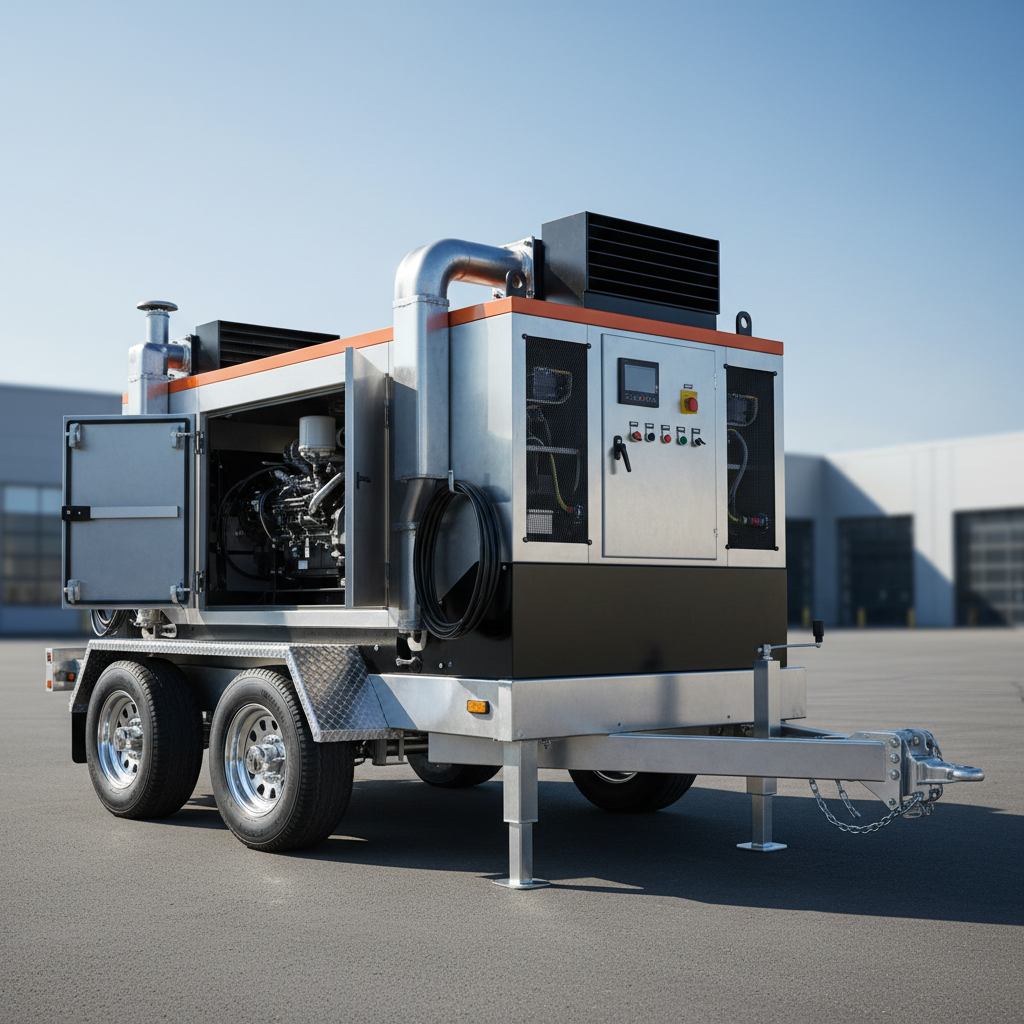 Black 40-foot flatbed trailer with mega ramps extended, heavy-duty steel deck, bright outdoor industrial setting
