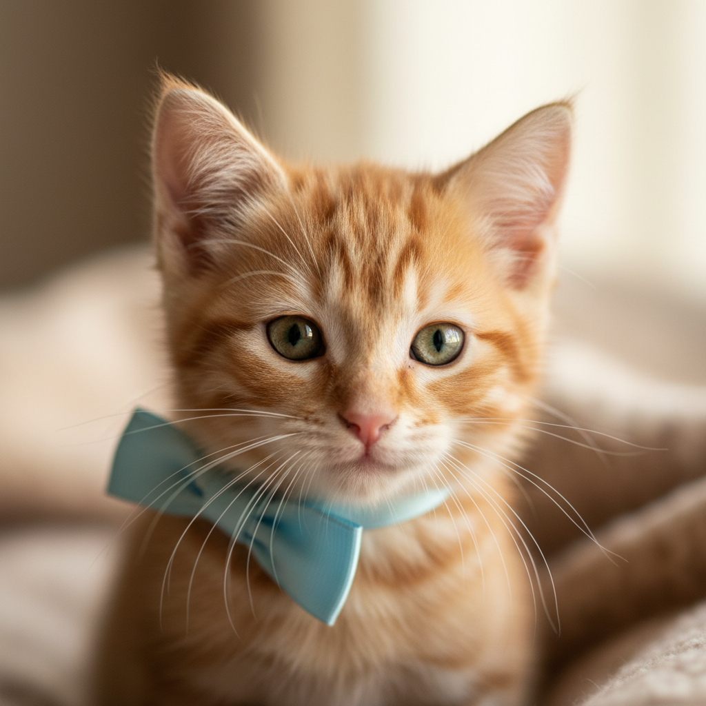 Small kitten freshly groomed with bow looking adorable and calm