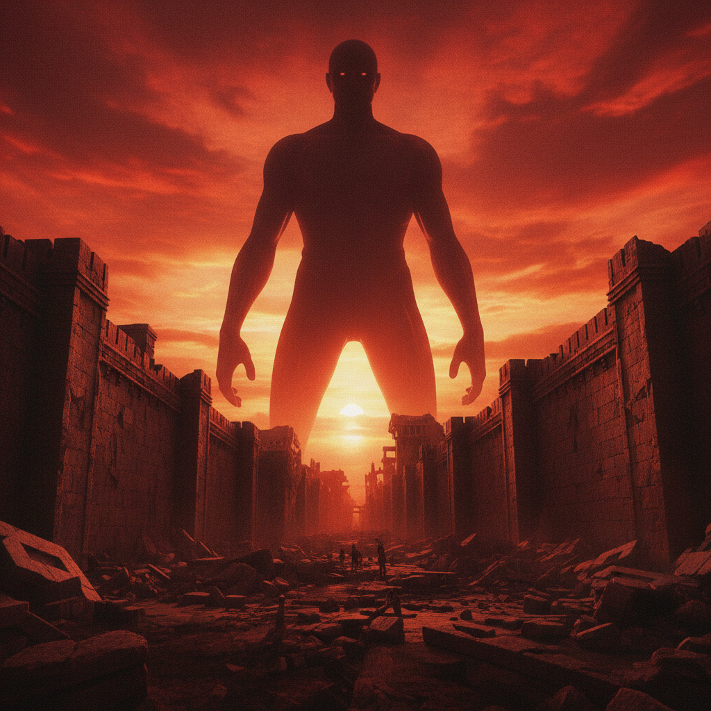 Colossal titan silhouette against a blood-red sky with crumbling walls below