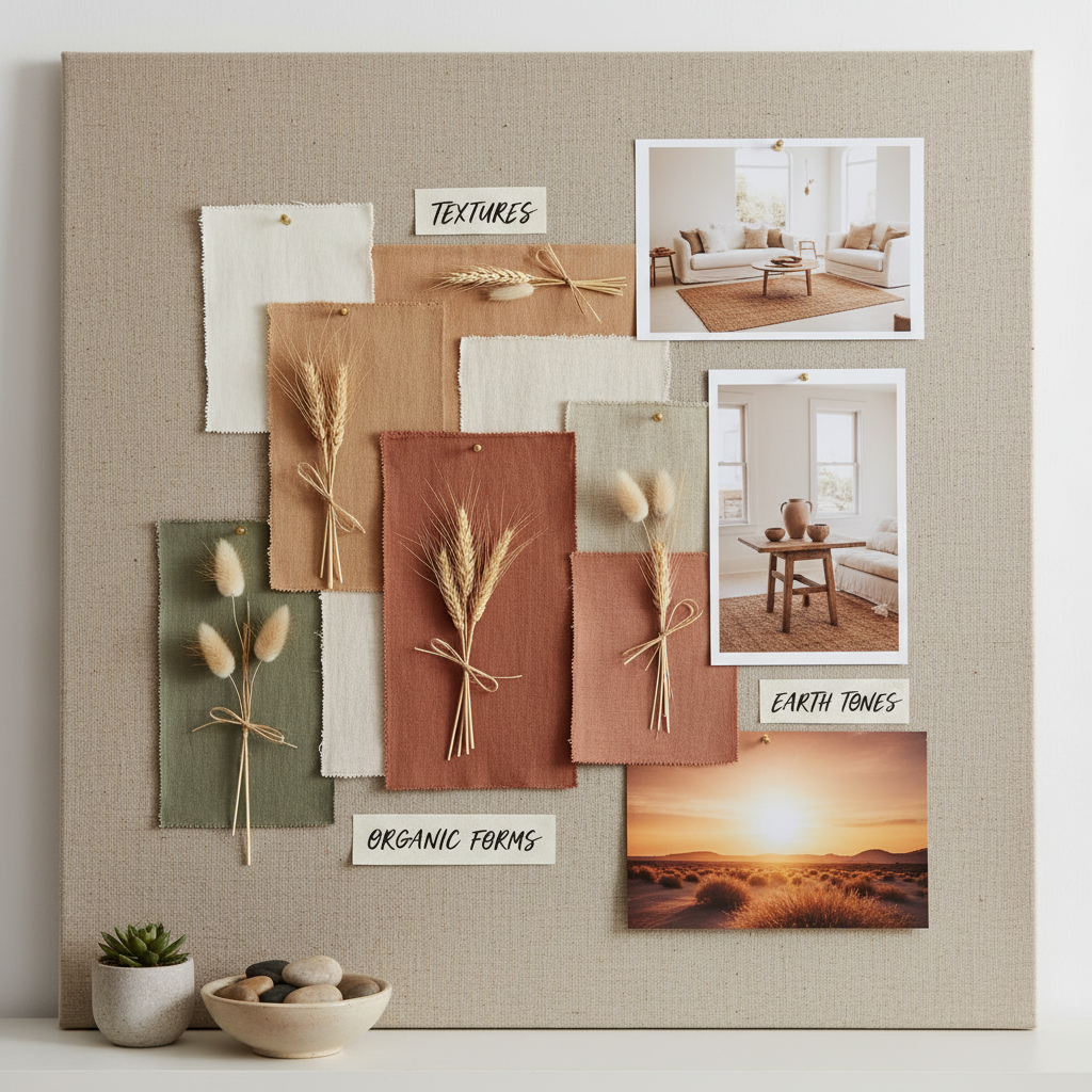 Home decor mood board flat lay with fabric swatches, paint chips, furniture photos, and design notes on a warm wooden surface in bright natural light