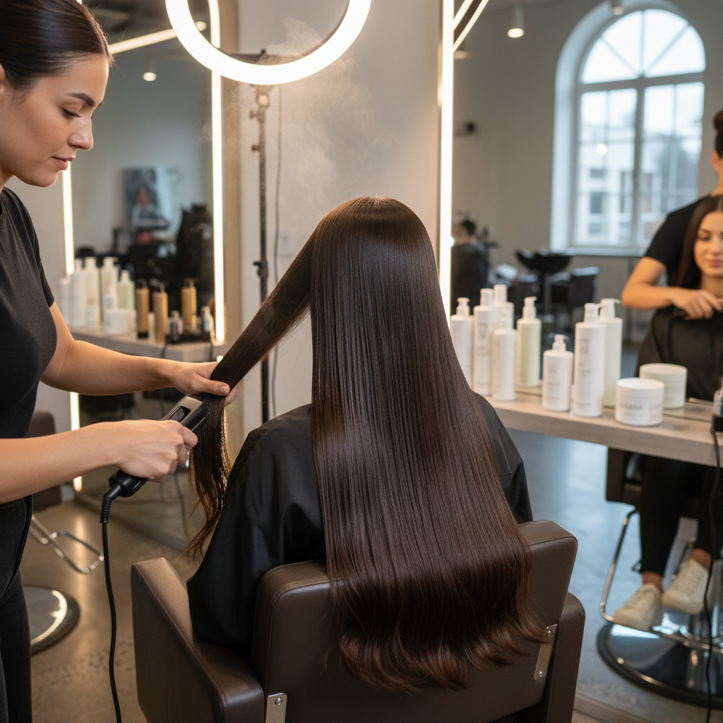 Coiffure professionnelle dans un salon lumineux, cheveux lisses et brillants, ambiance chaleureuse