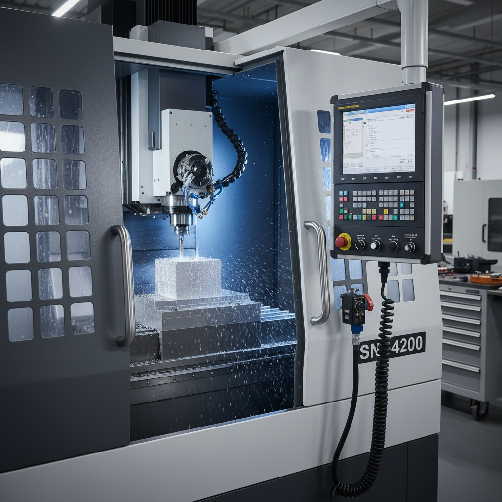 CNC milling machine in bright workshop, metalworking precision equipment, clean industrial lighting