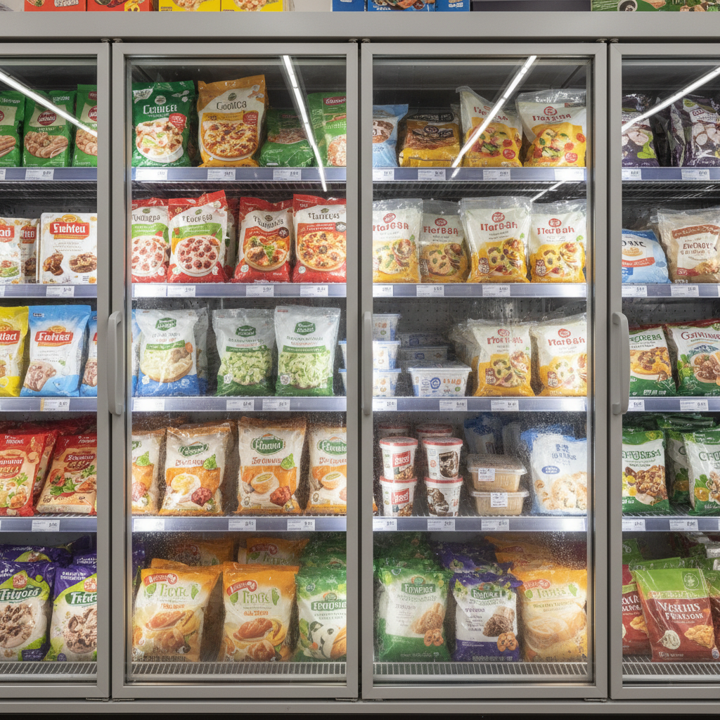 Frozen food products in commercial freezer display