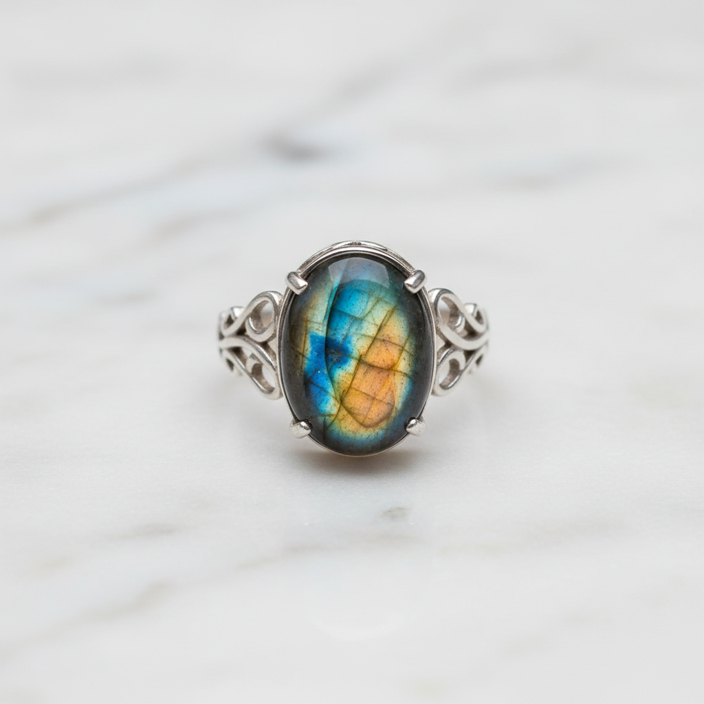 Crystal quartz stone set in silver adjustable ring band on white marble surface