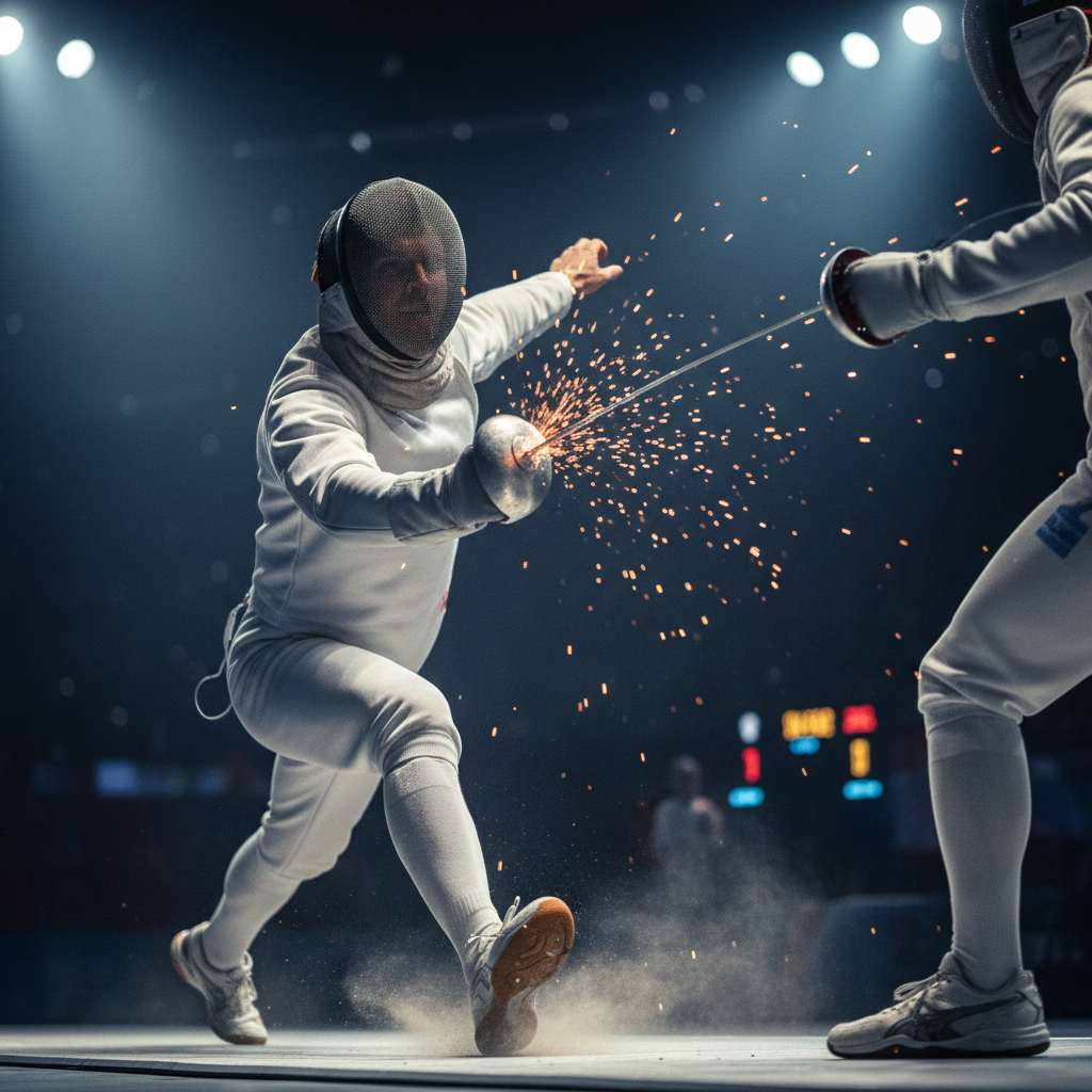 Slow motion video still of fencer in fleche attack, blade contact visible