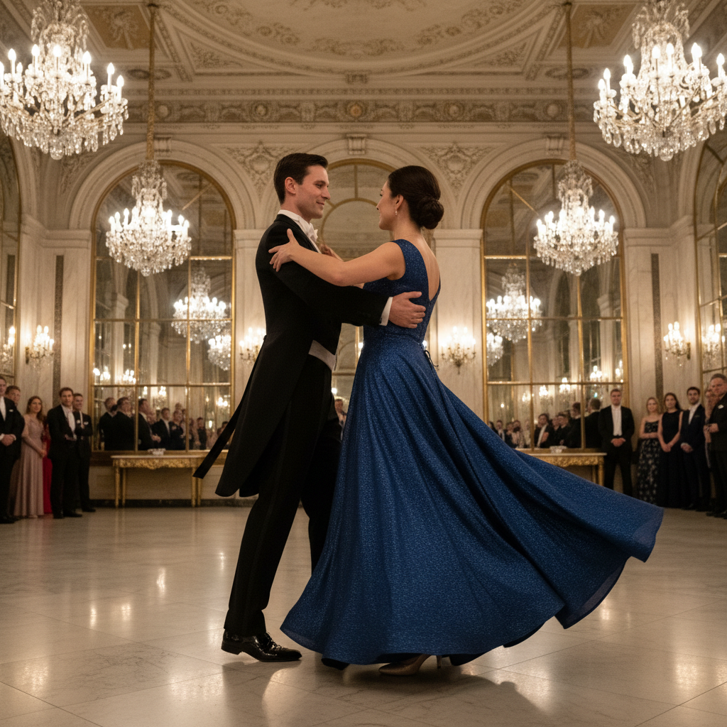 Pareja elegante bailando vals en un gran salón de baile con techo ornamentado, cálidas arañas de luces doradas, vestimenta formal, movimiento gracioso