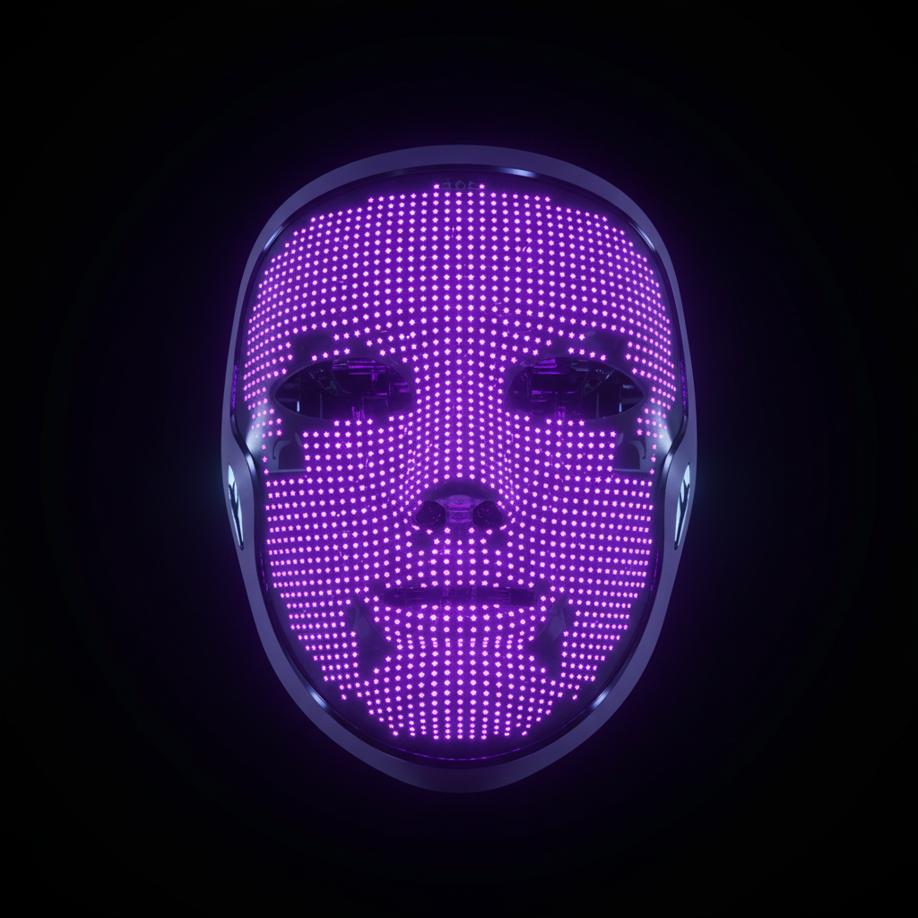 LED light therapy face mask glowing purple in dark room