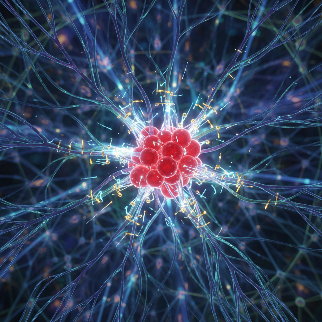 Abstract visualization of brain neural connections in blue and white