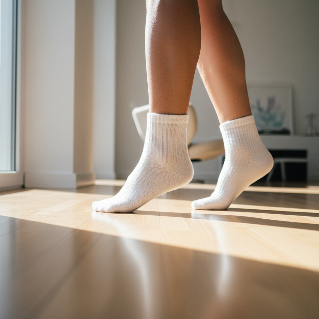 Gleaming hardwood floor seen from knee height, morning light streaming through window, white socks mid-step entering the clean space