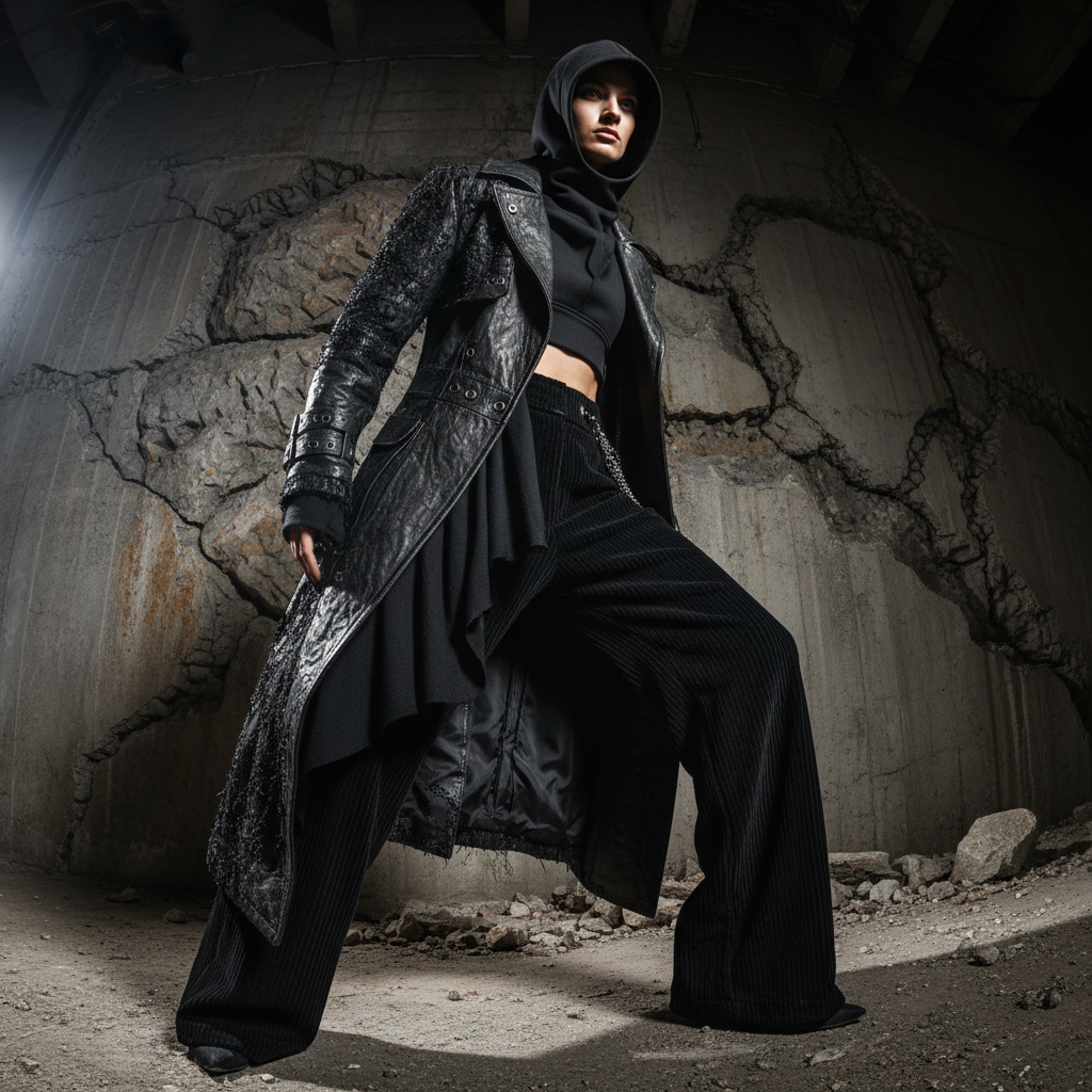 Deep charcoal studio, model wearing oversized dark hoodie, moody atmospheric lighting, concrete wall, minimal shadows