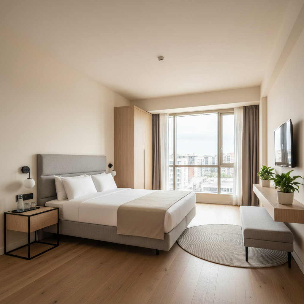 Phòng đôi sạch sẽ thoáng mát tại Hoàng Vy Hotel với giường đôi êm ái và nội thất hiện đại