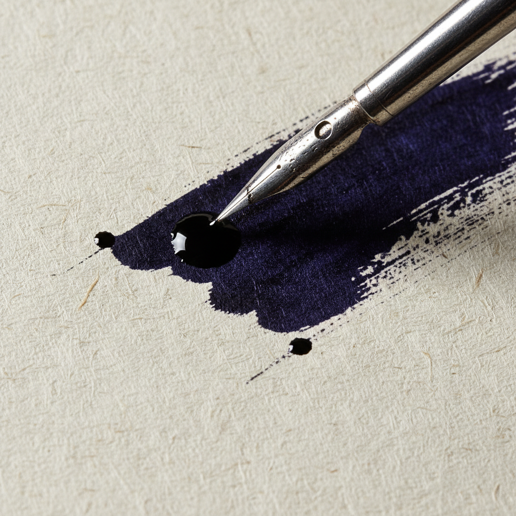 Close-up of pointed nib cutting ink across cotton paper grain showing ink pooling at terminals