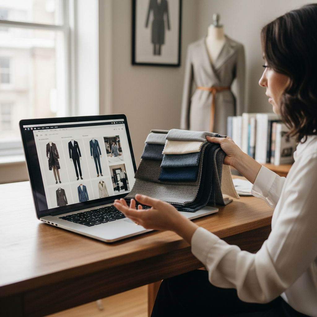 Virtual curtain design consultation featuring video call with designer, digital fabric samples, and online design collaboration tools for remote luxury consultation