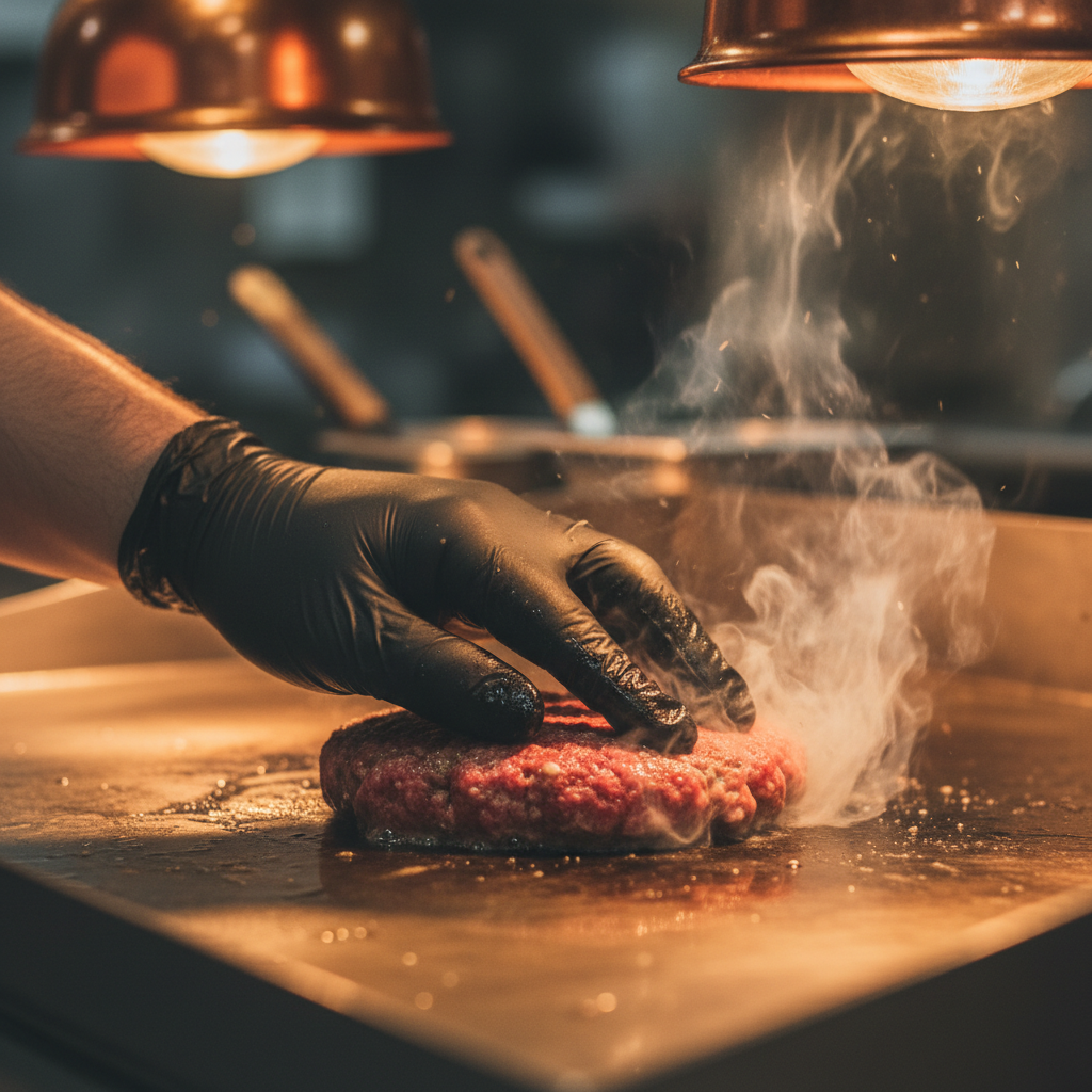 Chef pressing a smash burger patty on a hot flat-top grill, sparks and steam, dark industrial kitchen, amber light