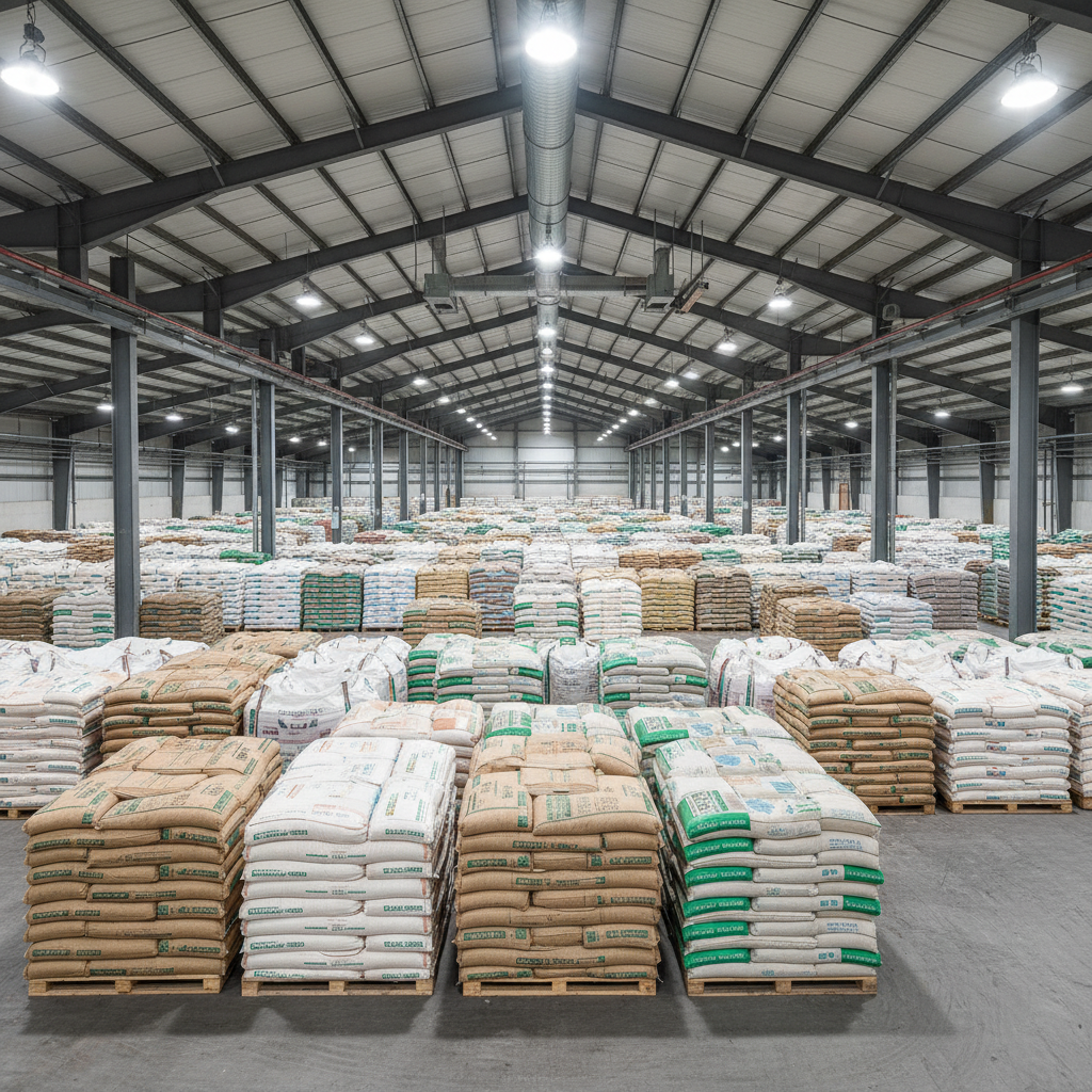 Bags of agricultural fertilizer in warehouse, earthy tones, natural lighting