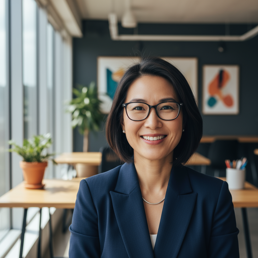 Professional Asian woman with glasses in navy blazer smiling confidently in modern office setting