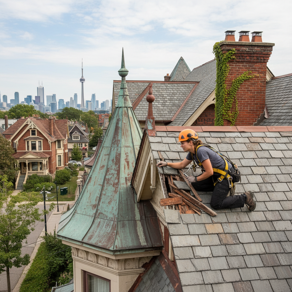 Marco Ferreira, Sweep wildlife specialist, examining a Toronto Victorian roofline for raccoon entry points