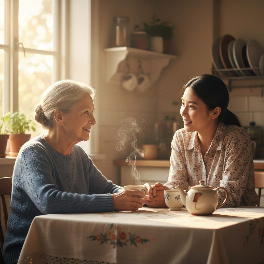 Caregiver and senior woman laughing together over a cup of tea