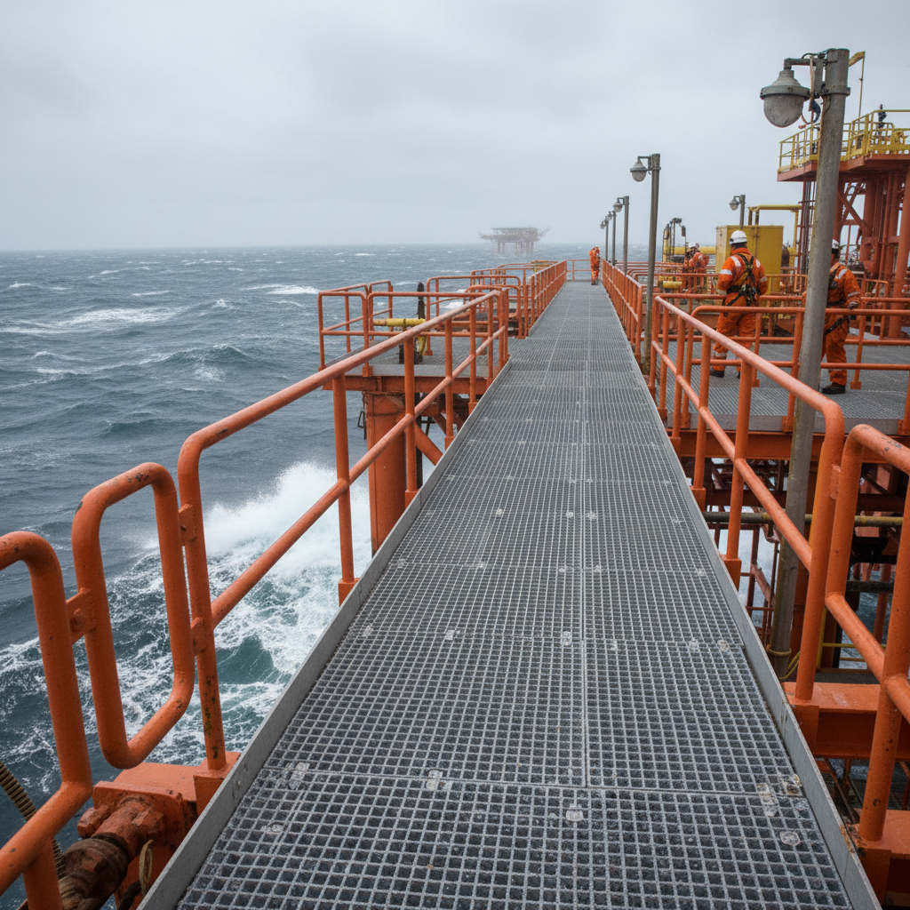 Offshore marine platform deck with anti-skid surface treatment in ocean environment