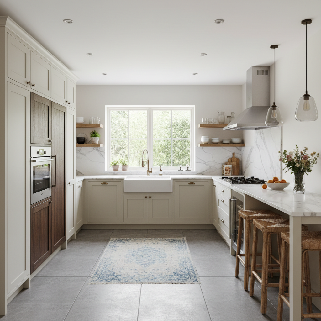 Bright modern kitchen with white marble countertops, premium cabinetry, and natural light from large windows