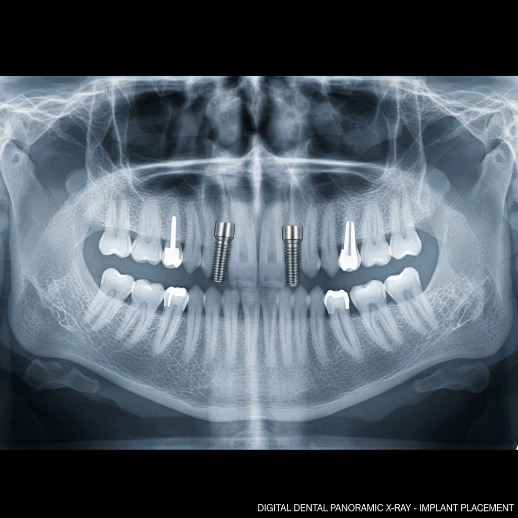 Clinical diagram showing full arch dental implant placement with four implant posts