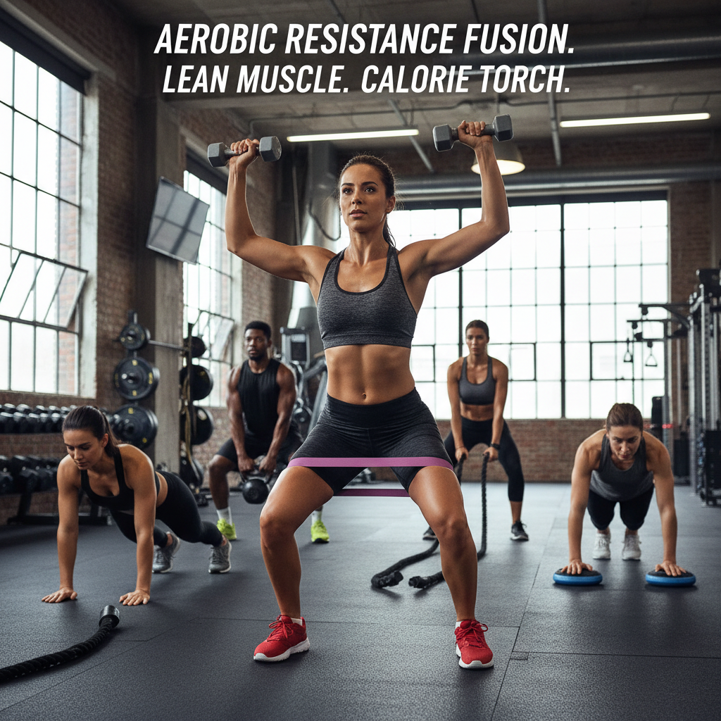 Queen female fitness coach demonstrating toning exercises, confident pose, dark gym background