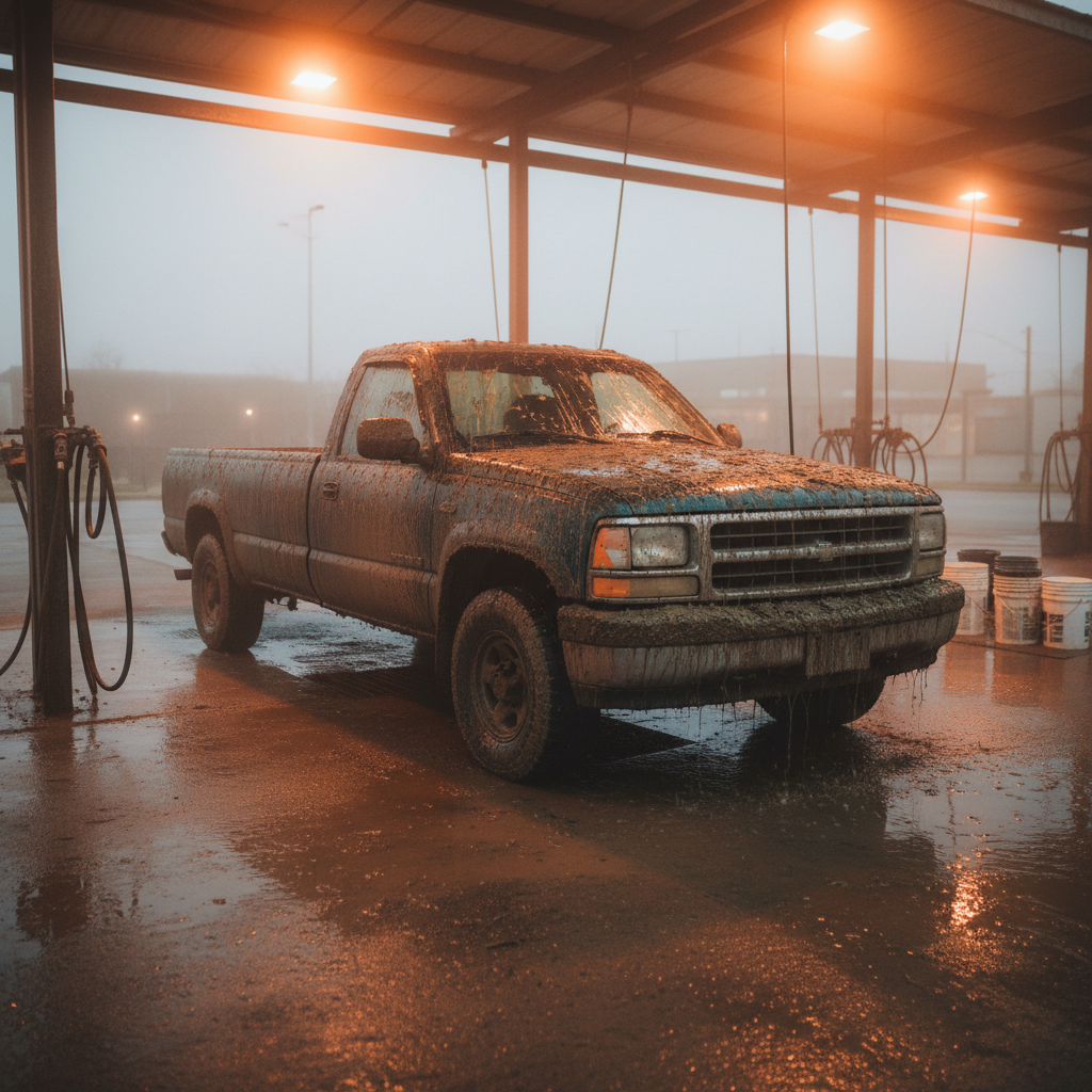 Muddy off-road truck before cleaning, visible dirt and grime on sides, natural outdoor light